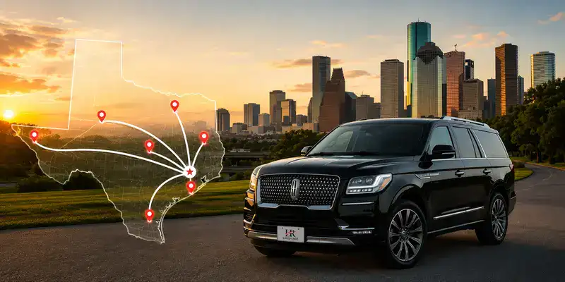 Luxury SUV with the official Lavish Ride logo parked beside a Texas route map highlighting popular long-distance destinations from Houston.